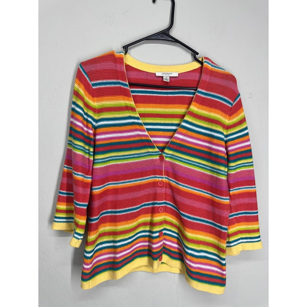 VTG 90s 2000s Liz Claiborne Cardigan Sweater SMALL Rainbow Striped V-Neck Y2K